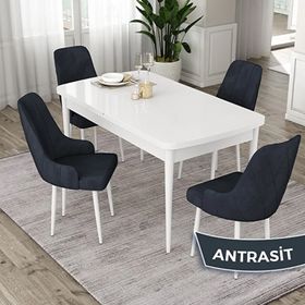 Canisa Eta Serisi 80x132 Açılabilir Mdf Beyaz Masa Takımı ve 4 Antrasit Adet Sandalye