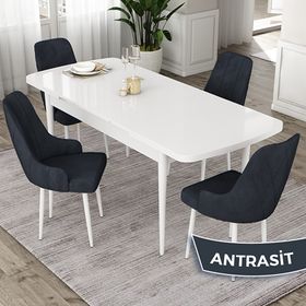 Canisa Eta Serisi 80x132 Açılabilir Mdf Beyaz Masa Takımı ve 4 Antrasit Adet Sandalye