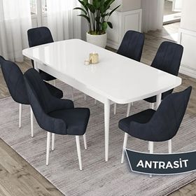 Canisa Eta Serisi 80x132 Açılabilir Mdf Beyaz Masa Takımı ve 6 Adet Antrasit Sandalye