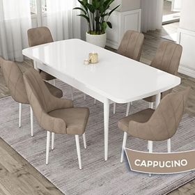 Canisa Eta Serisi 80x132 Açılabilir Mdf Beyaz Masa Takımı ve 6 Adet Cappucino Sandalye
