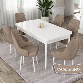 Canisa Eta Serisi 80x132 Açılabilir Mdf Beyaz Masa Takımı ve 6 Adet Cappucino Sandalye
