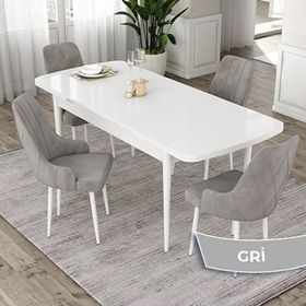Canisa Eta Serisi 80x132 Açılabilir Mdf Beyaz Masa Takımı ve 6 Adet Gri Sandalye
