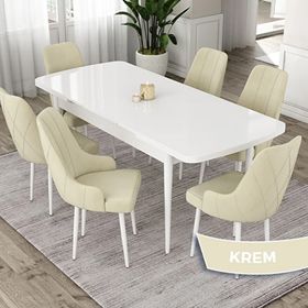 Canisa Eta Serisi 80x132 Açılabilir Mdf Beyaz Masa Takımı ve 6 Adet Krem Sandalye