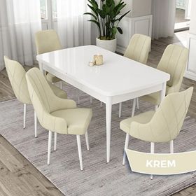 Canisa Eta Serisi 80x132 Açılabilir Mdf Beyaz Masa Takımı ve 6 Adet Krem Sandalye