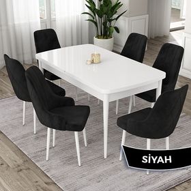 Canisa Eta Serisi 80x132 Açılabilir Mdf Beyaz Masa Takımı ve 6 Adet Siyah Sandalye