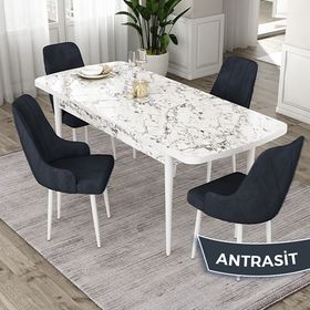Canisa Eta Serisi 80x132 Açılabilir Mdf Beyaz Mermer Desen Masa Takımı ve 4 Adet Antrasit Sandalye