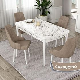 Canisa Eta Serisi 80x132 Açılabilir Mdf Beyaz Mermer Desen Masa Takımı ve 4 Adet Cappucino Sandalye