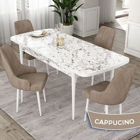 Canisa Eta Serisi 80x132 Açılabilir Mdf Beyaz Mermer Desen Masa Takımı ve 4 Adet Cappucino Sandalye