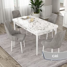 Canisa Eta Serisi 80x132 Açılabilir Mdf Beyaz Mermer Desen Masa Takımı ve 4 Adet Gri Sandalye