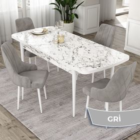 Canisa Eta Serisi 80x132 Açılabilir Mdf Beyaz Mermer Desen Masa Takımı ve 4 Adet Gri Sandalye