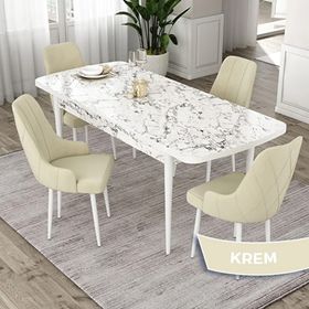 Canisa Eta Serisi 80x132 Açılabilir Mdf Beyaz Mermer Desen Masa Takımı ve 4 Adet Krem Sandalye