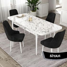 Canisa Eta Serisi 80x132 Açılabilir Mdf Beyaz Mermer Desen Masa Takımı ve 4 Adet Siyah Sandalye