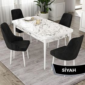 Canisa Eta Serisi 80x132 Açılabilir Mdf Beyaz Mermer Desen Masa Takımı ve 4 Adet Siyah Sandalye