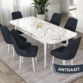 Canisa Eta Serisi 80x132 Açılabilir Mdf Beyaz Mermer Desen Masa Takımı ve 6 Adet Antrasit Sandalye