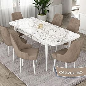 Canisa Eta Serisi 80x132 Açılabilir Mdf Beyaz Mermer Desen Masa Takımı ve 6 Adet Cappucino Sandalye