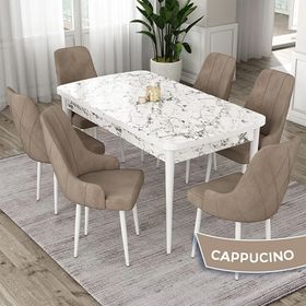 Canisa Eta Serisi 80x132 Açılabilir Mdf Beyaz Mermer Desen Masa Takımı ve 6 Adet Cappucino Sandalye