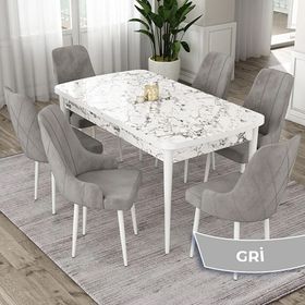 Canisa Eta Serisi 80x132 Açılabilir Mdf Beyaz Mermer Desen Masa Takımı ve 6 Adet Gri Sandalye