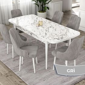 Canisa Eta Serisi 80x132 Açılabilir Mdf Beyaz Mermer Desen Masa Takımı ve 6 Adet Gri Sandalye