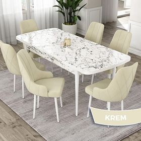 Canisa Eta Serisi 80x132 Açılabilir Mdf Beyaz Mermer Desen Masa Takımı ve 6 Adet Krem Sandalye
