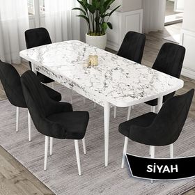 Canisa Eta Serisi 80x132 Açılabilir Mdf Beyaz Mermer Desen Masa Takımı ve 6 Adet Siyah Sandalye