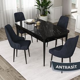 Canisa Eta Serisi 80x132 Açılabilir Mdf Siyah Mermer Desen Masa Takımı ve 4 Adet Antrasit Sandalye