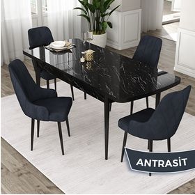Canisa Eta Serisi 80x132 Açılabilir Mdf Siyah Mermer Desen Masa Takımı ve 4 Adet Antrasit Sandalye