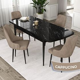 Canisa Eta Serisi 80x132 Açılabilir Mdf Siyah Mermer Desen Masa Takımı ve 4 Adet Cappucino Sandalye