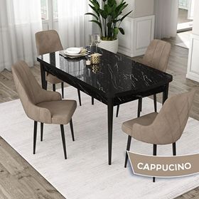 Canisa Eta Serisi 80x132 Açılabilir Mdf Siyah Mermer Desen Masa Takımı ve 4 Adet Cappucino Sandalye