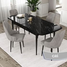 Canisa Eta Serisi 80x132 Açılabilir Mdf Siyah Mermer Desen Masa Takımı ve 4 Adet Gri Sandalye
