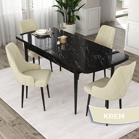 Canisa Eta Serisi 80x132 Açılabilir Mdf Siyah Mermer Desen Masa Takımı ve 4 Adet Krem Sandalye