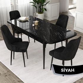 Canisa Eta Serisi 80x132 Açılabilir Mdf Siyah Mermer Desen Masa Takımı ve 4 Adet Siyah Sandalye