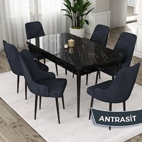Canisa Eta Serisi 80x132 Açılabilir Mdf Siyah Mermer Desen Masa Takımı ve 6 Adet Antrasit Sandalye