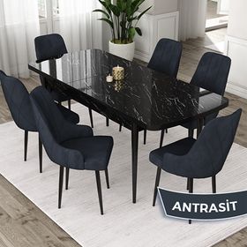 Canisa Eta Serisi 80x132 Açılabilir Mdf Siyah Mermer Desen Masa Takımı ve 6 Adet Antrasit Sandalye