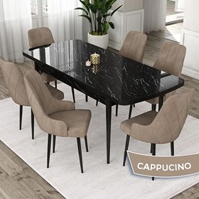 Canisa Eta Serisi 80x132 Açılabilir Mdf Siyah Mermer Desen Masa Takımı ve 6 Adet Cappucino Sandalye