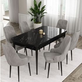 Canisa Eta Serisi 80x132 Açılabilir Mdf Siyah Mermer Desen Masa Takımı ve 6 Adet Gri Sandalye