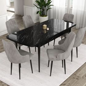 Canisa Eta Serisi 80x132 Açılabilir Mdf Siyah Mermer Desen Masa Takımı ve 6 Adet Gri Sandalye