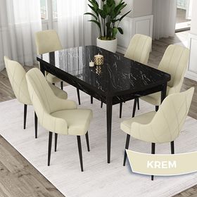 Canisa Eta Serisi 80x132 Açılabilir Mdf Siyah Mermer Desen Masa Takımı ve 6 Adet Krem Sandalye