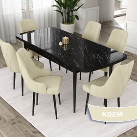 Canisa Eta Serisi 80x132 Açılabilir Mdf Siyah Mermer Desen Masa Takımı ve 6 Adet Krem Sandalye