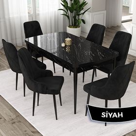 Canisa Eta Serisi 80x132 Açılabilir Mdf Siyah Mermer Desen Masa Takımı ve 6 Adet Siyah Sandalye
