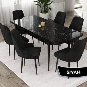 Canisa Eta Serisi 80x132 Açılabilir Mdf Siyah Mermer Desen Masa Takımı ve 6 Adet Siyah Sandalye