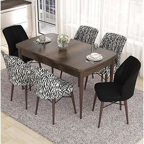 Canisa Eva Serisi 80x132 Açılabilir MDF Barok Ahşap Desen Mutfak Masası ve 2 Siyah 4 Zebra Sandalye