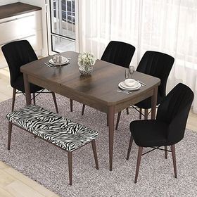 Canisa Eva Serisi 80x132 Açılabilir MDF Barok Ahşap Desen Mutfak Masası ve 4 Siyah 1 Zebra Desen Bench