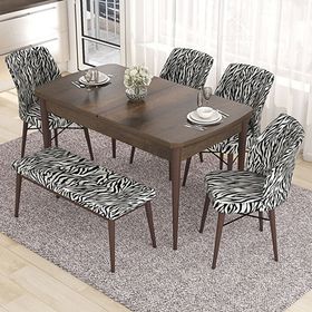 Canisa Eva Serisi 80x132 Açılabilir MDF Barok Ahşap Desen Mutfak Masası ve 4 Zebra Desen 1 Zebra Desen Bench
