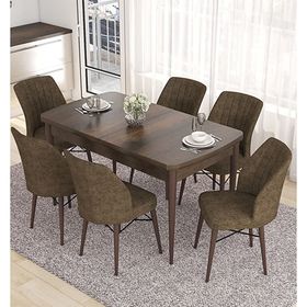 Canisa Eva Serisi 80x132 Açılabilir MDF Barok Ahşap Desen Mutfak Masası ve Kahverengi 6 Sandalye