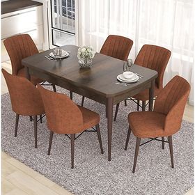 Canisa Eva Serisi 80x132 Açılabilir MDF Barok Ahşap Desen Mutfak Masası ve Kiremit 6 Sandalye