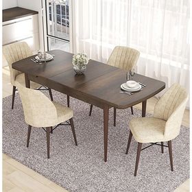 Canisa Eva Serisi 80x132 Açılabilir MDF Barok Ahşap Desen Mutfak Masası ve Krem 4 Sandalye