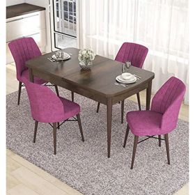 Canisa Eva Serisi 80x132 Açılabilir MDF Barok Ahşap Desen Mutfak Masası ve Mor 4 Sandalye
