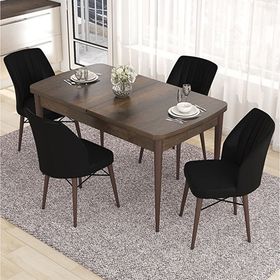 Canisa Eva Serisi 80x132 Açılabilir MDF Barok Ahşap Desen Mutfak Masası ve Siyah 4 Sandalye