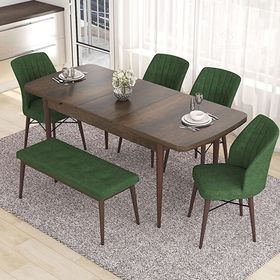 Canisa Eva Serisi 80x132 Açılabilir MDF Barok Ahşap Desen Mutfak Masası ve Su Yeşili 4 Sandalye 1 Bench