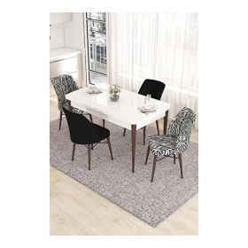 Canisa Eva Serisi 80x132 Açılabilir MDF Beyaz Ceviz Ayak Mutfak Masası ve 2 Siyah 2 Zebra Desen Sandalye